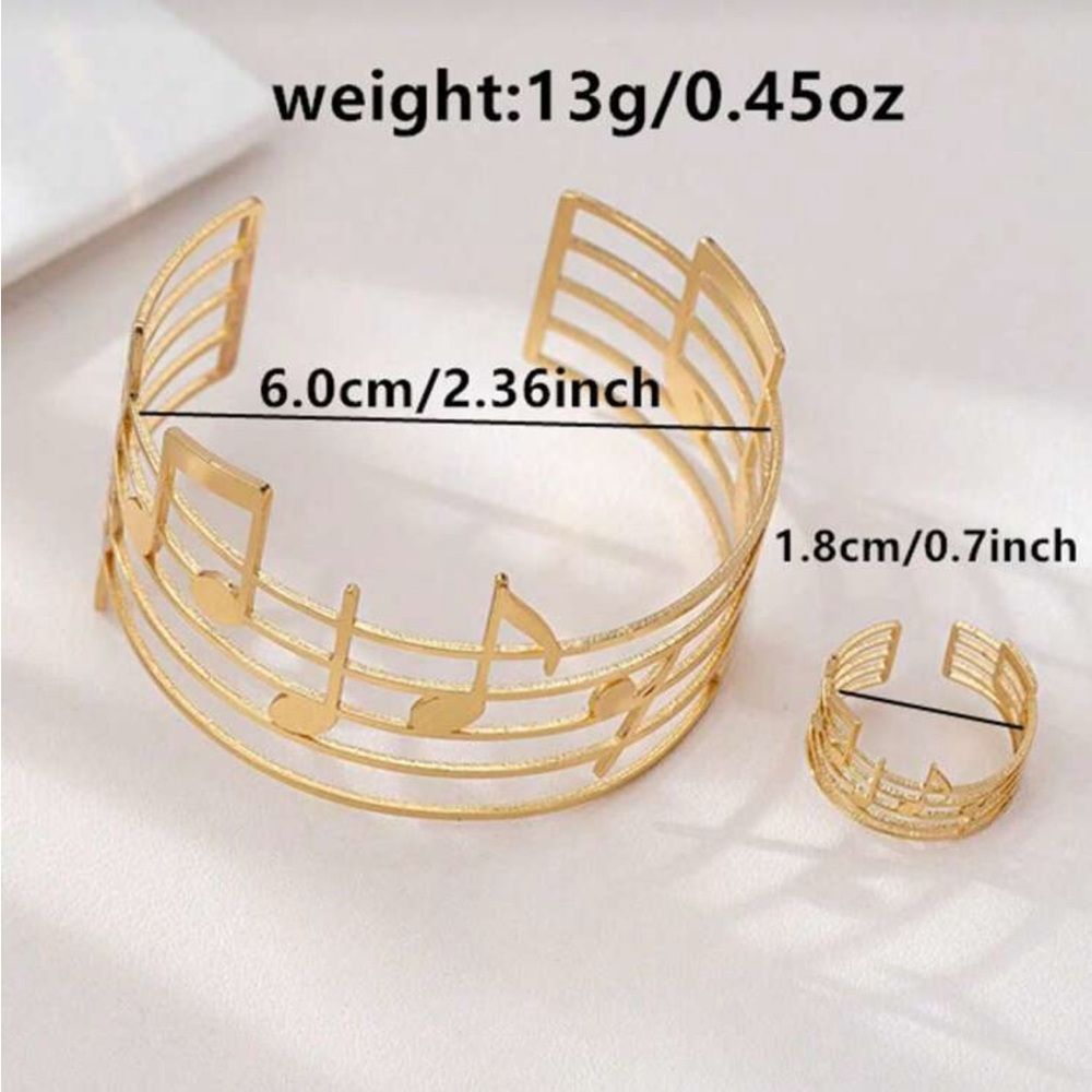 SOLD - Black Music Note Cuff Bracelet and Ring Set - Picture 2 of 3